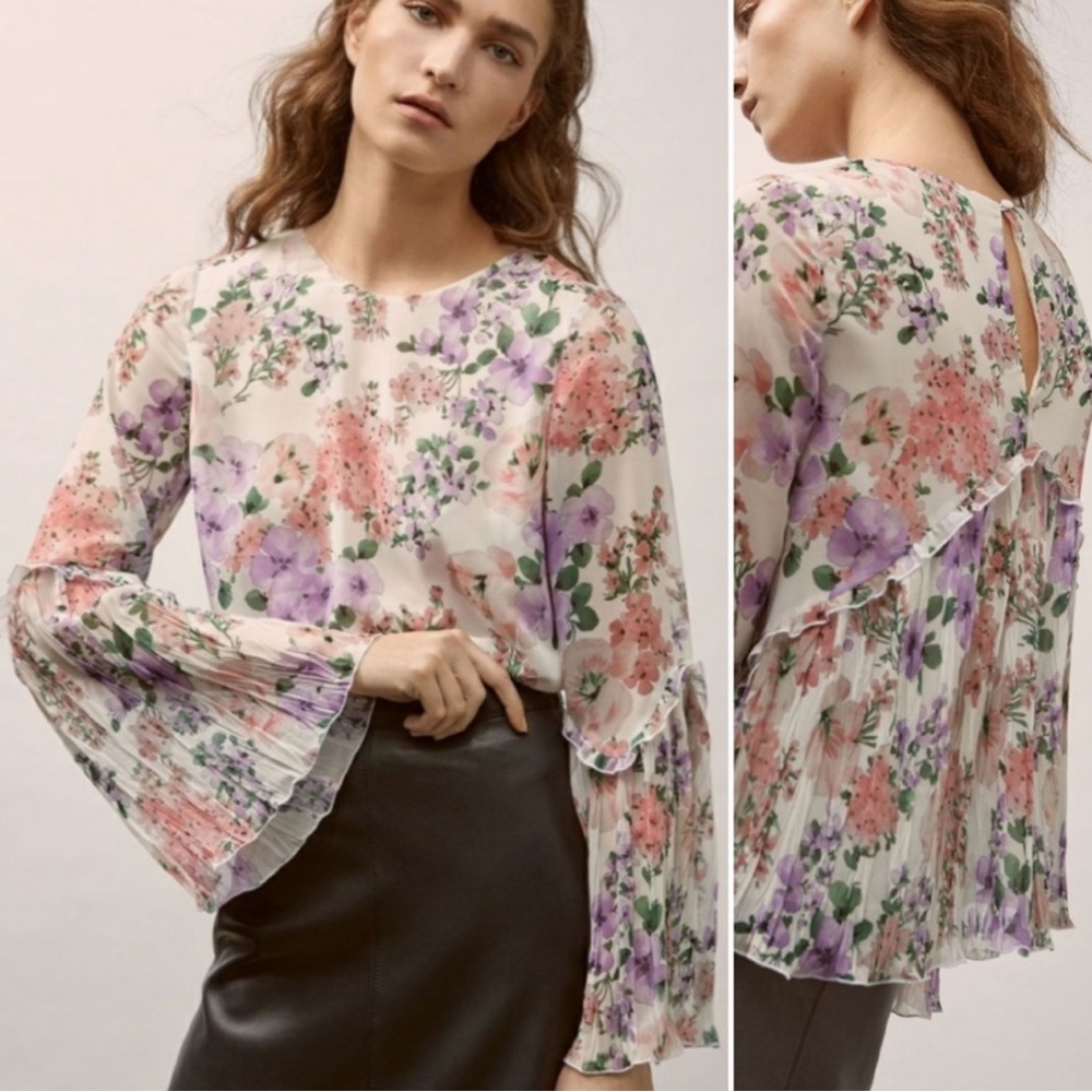 MASSIMO DUTTI Floral Blouse Top Shirt Belle Sleeve Pleated Ruffle Pink Purple